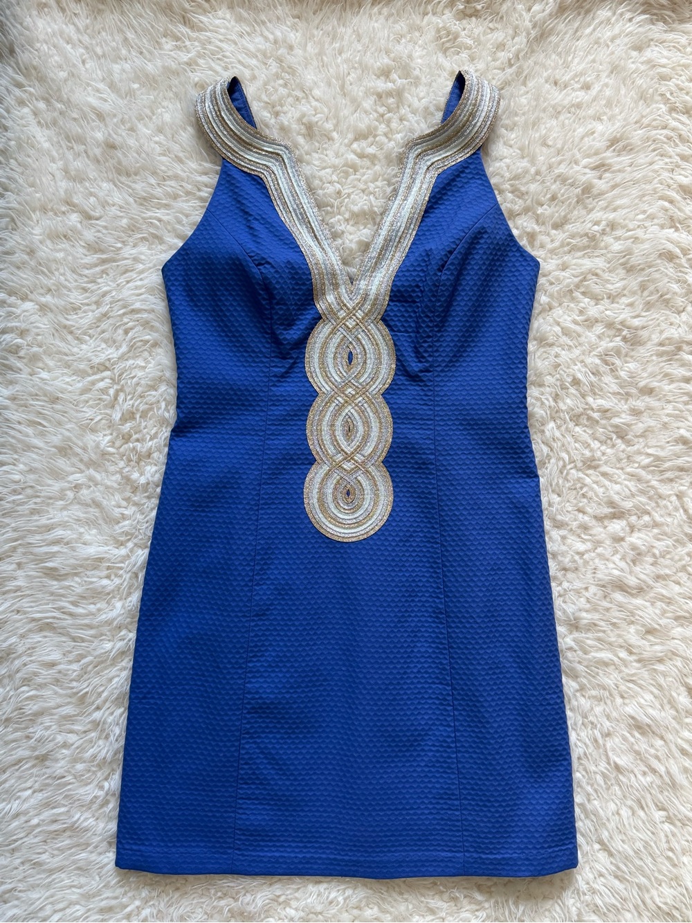 Lilly Pulitzer Cobalt Blue V-Neck Dress with Gold and Silver Trim